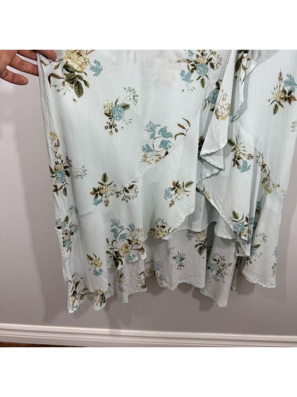 Cleo Petites Blue Floral Midi Dress 14P Wrap Style Sleeveless Ruffle Hem Garden - Picture 6 of 15